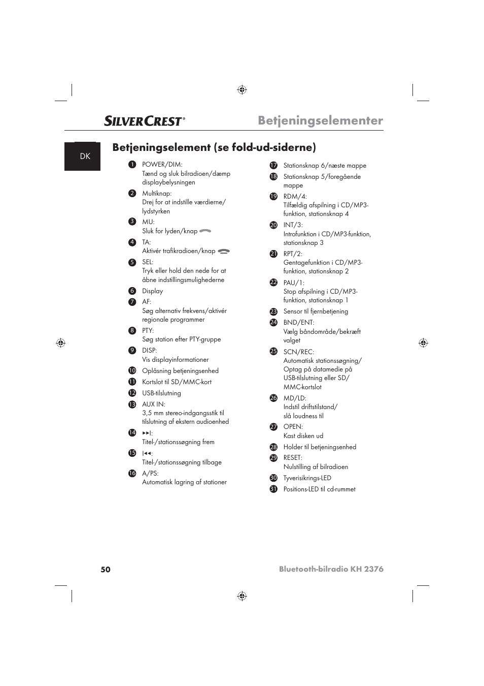 Betjeningselementer, Betjeningselement (se fold-ud-siderne) | Silvercrest KH2376 User Manual | Page 48 / 78