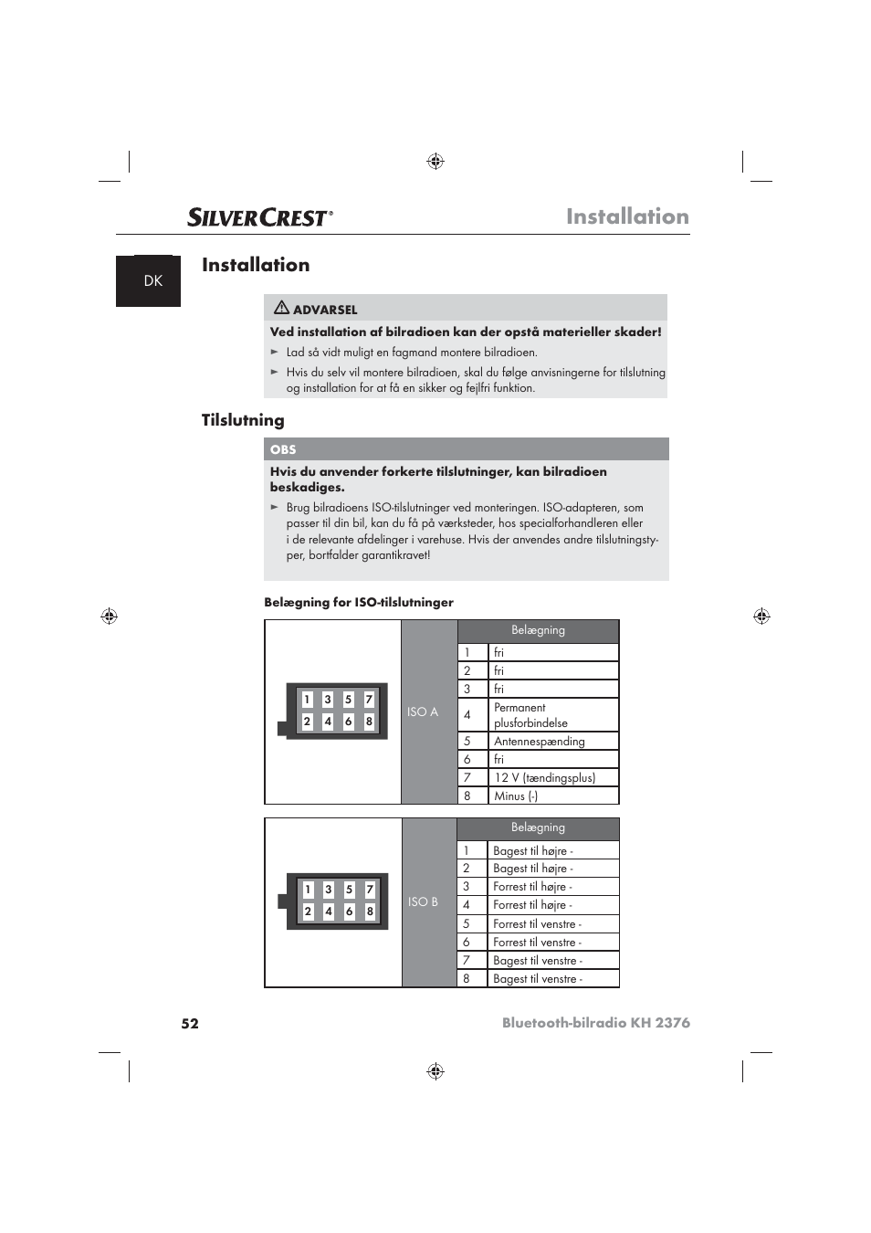 Installation, Tilslutning | Silvercrest KH2376 User Manual | Page 50 / 78