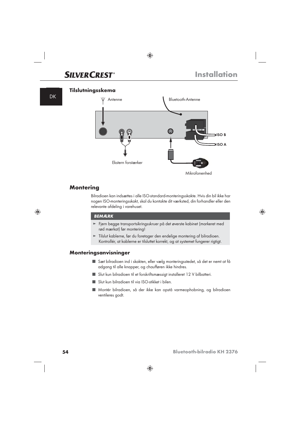 Installation, Montering, Dk tilslutningsskema | Monteringsanvisninger | Silvercrest KH2376 User Manual | Page 52 / 78