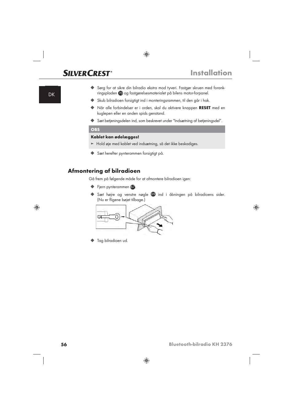 Installation, Afmontering af bilradioen | Silvercrest KH2376 User Manual | Page 54 / 78