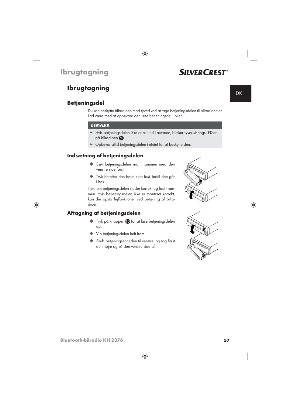 Ibrugtagning, Betjeningsdel | Silvercrest KH2376 User Manual | Page 55 / 78