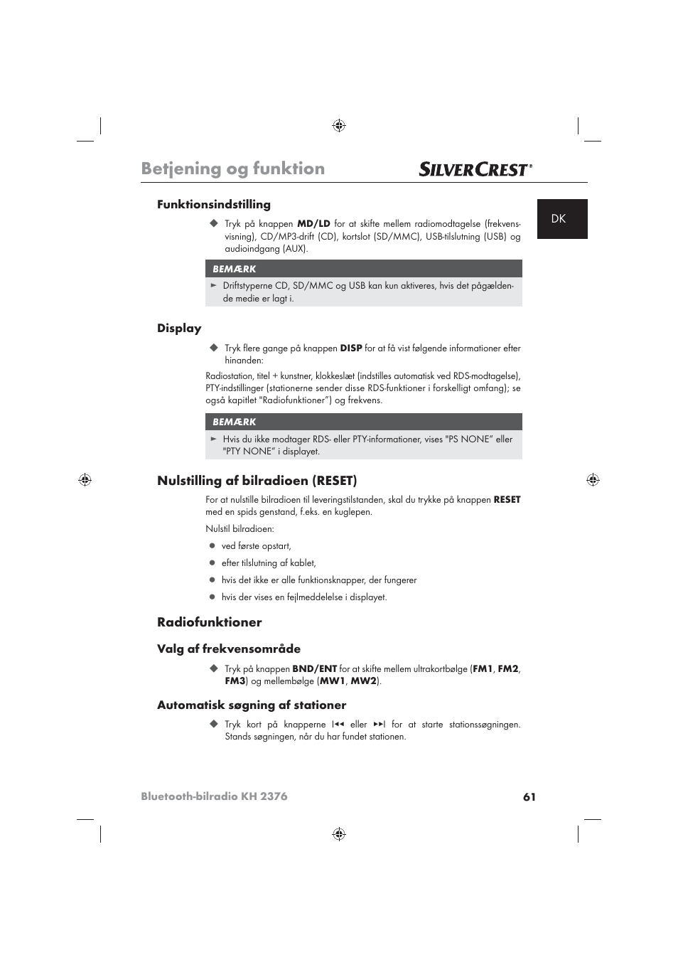 Betjening og funktion, Nulstilling af bilradioen (reset), Radiofunktioner | Silvercrest KH2376 User Manual | Page 59 / 78