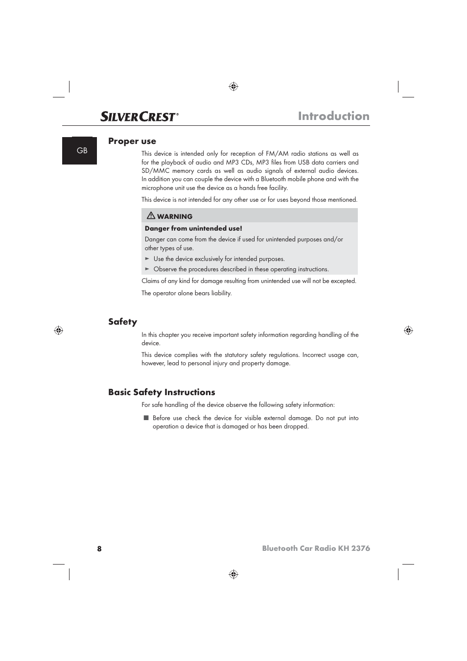 Introduction, Proper use, Safety | Basic safety instructions | Silvercrest KH2376 User Manual | Page 6 / 78