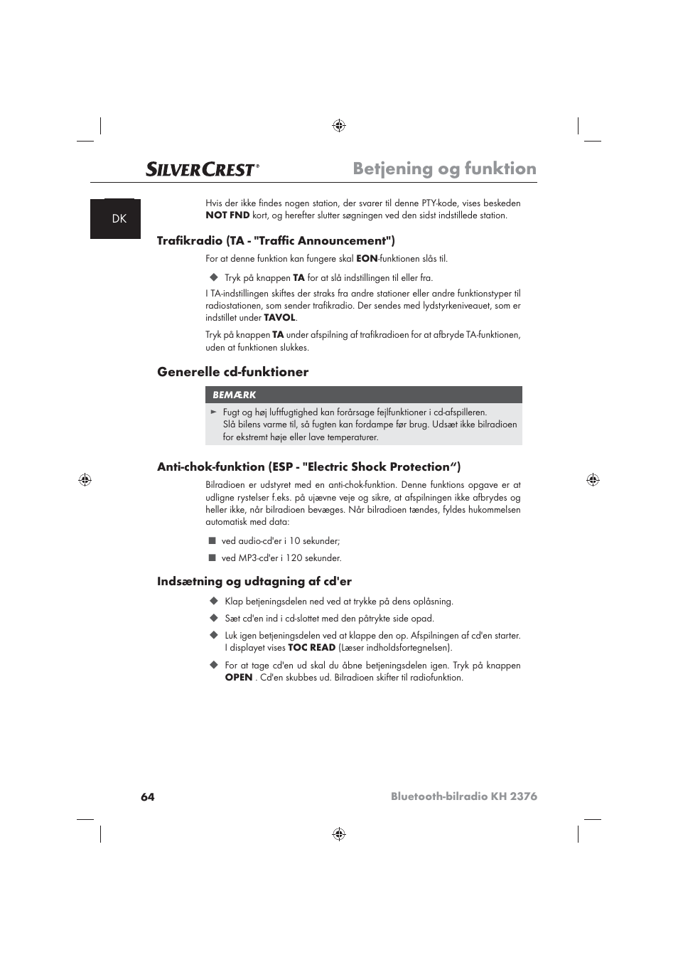 Betjening og funktion, Generelle cd-funktioner | Silvercrest KH2376 User Manual | Page 62 / 78