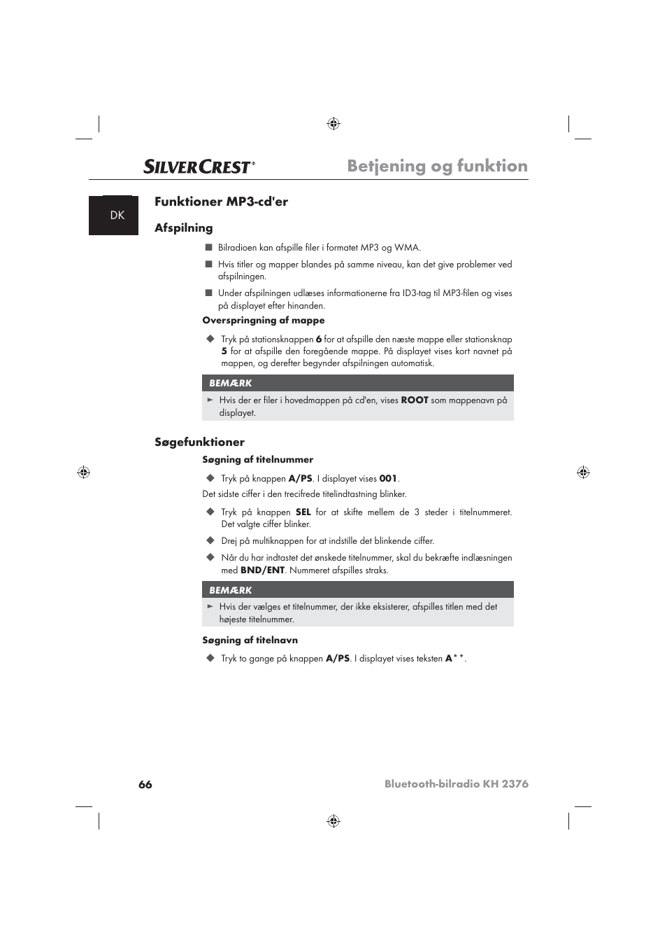 Betjening og funktion, Funktioner mp3-cd'er | Silvercrest KH2376 User Manual | Page 64 / 78