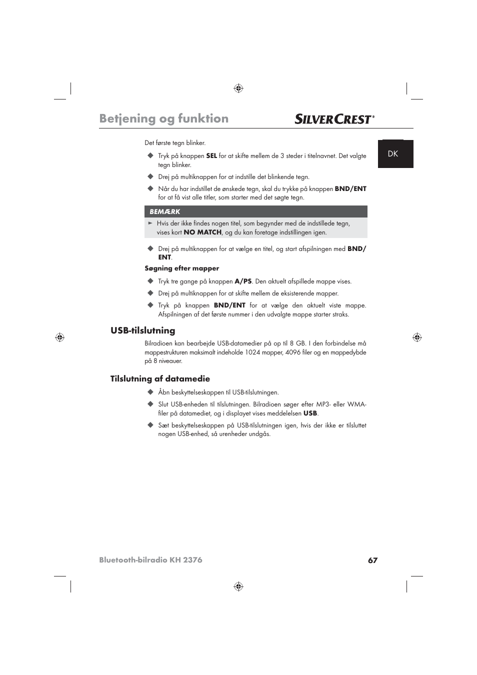 Betjening og funktion, Usb-tilslutning | Silvercrest KH2376 User Manual | Page 65 / 78
