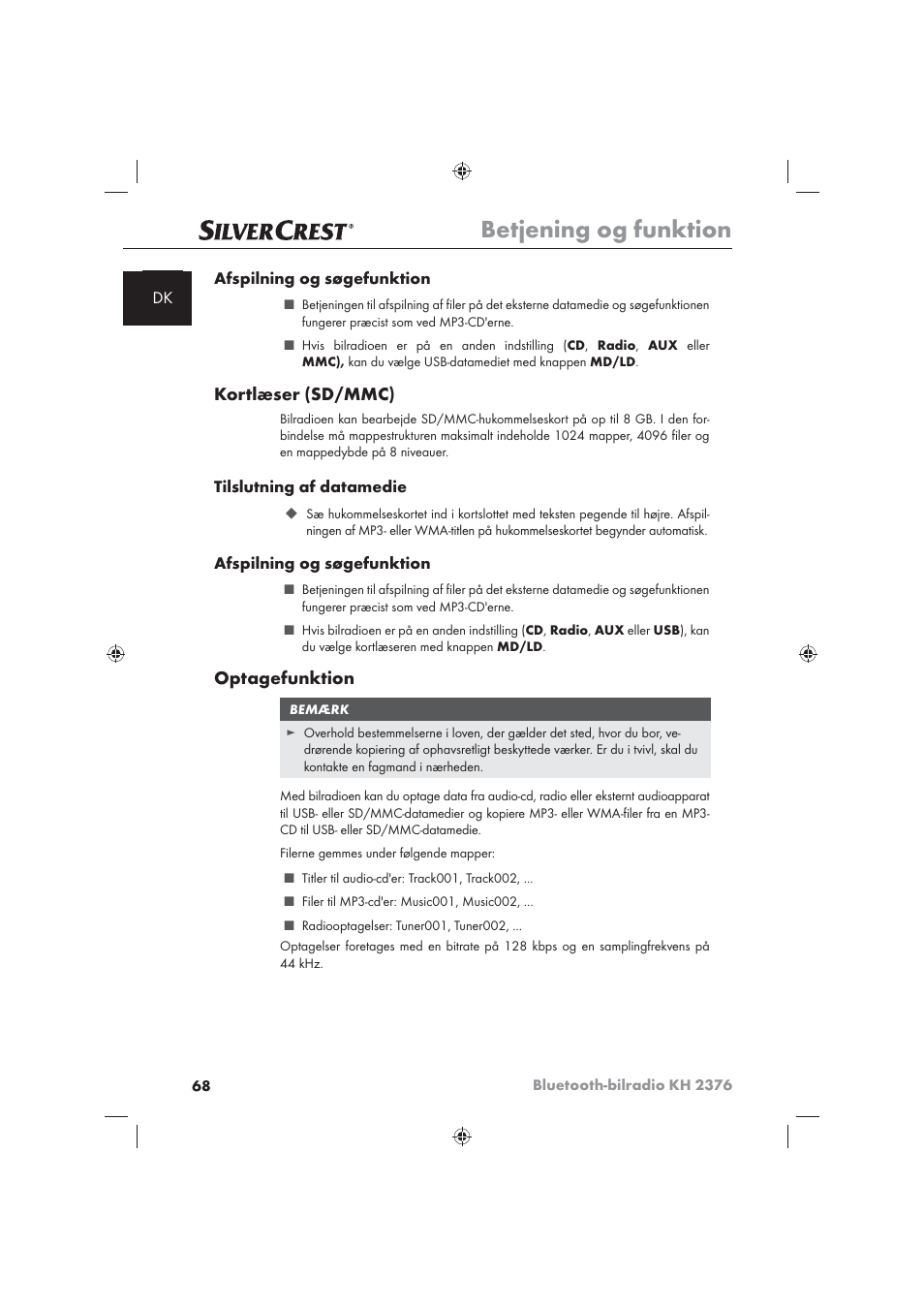 Betjening og funktion, Kortlæser (sd/mmc), Optagefunktion | Silvercrest KH2376 User Manual | Page 66 / 78