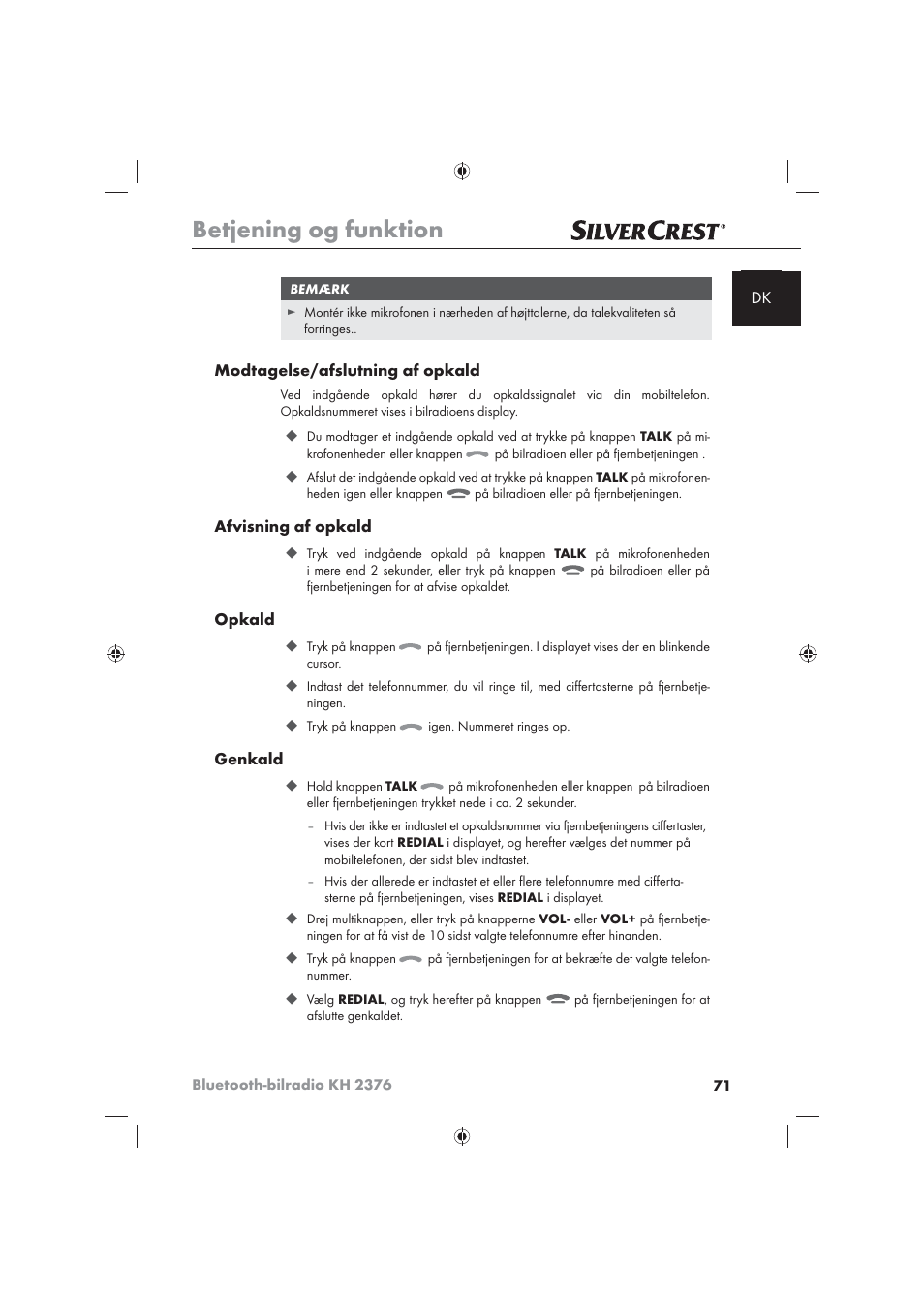 Betjening og funktion | Silvercrest KH2376 User Manual | Page 69 / 78