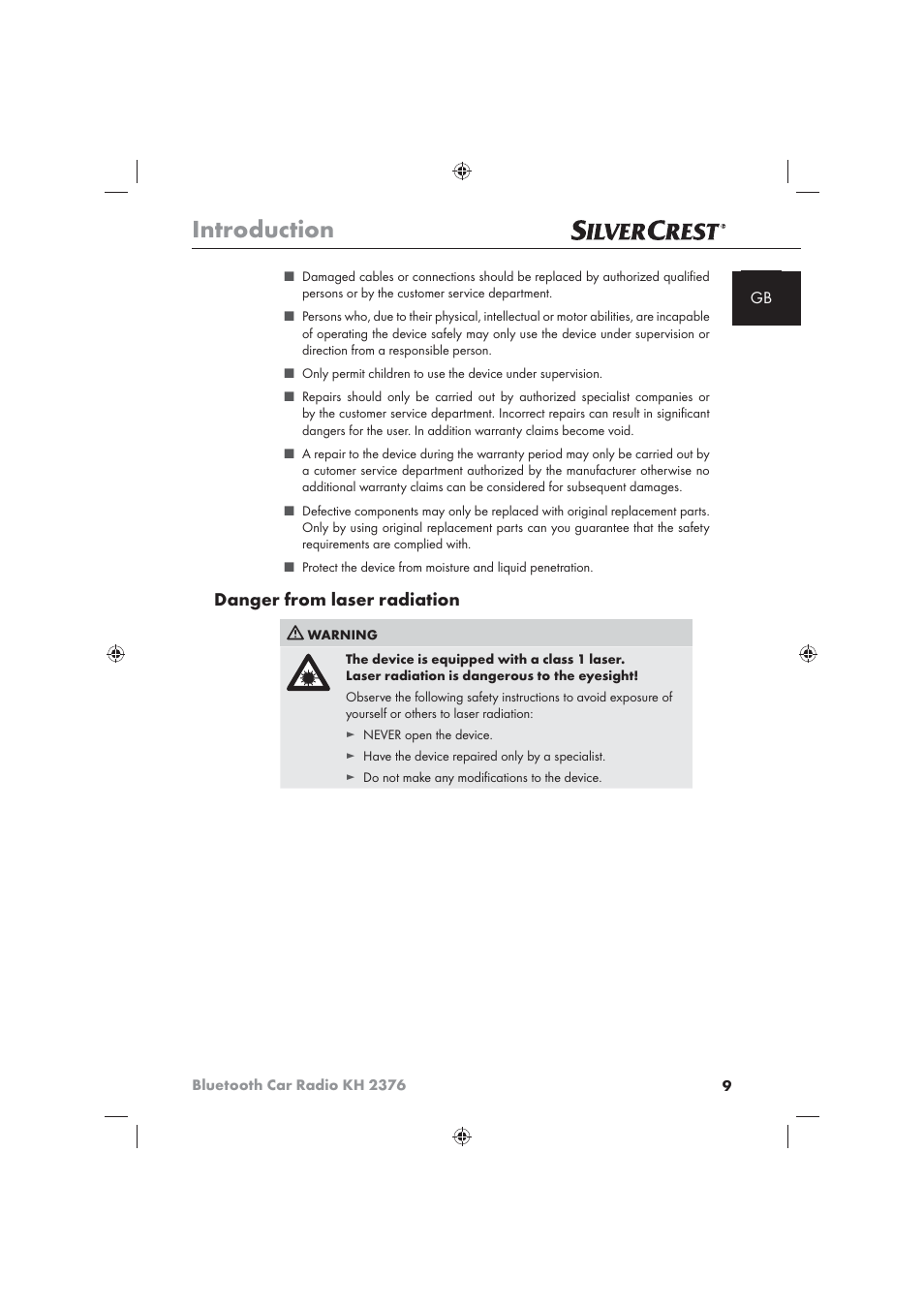 Introduction, Danger from laser radiation | Silvercrest KH2376 User Manual | Page 7 / 78