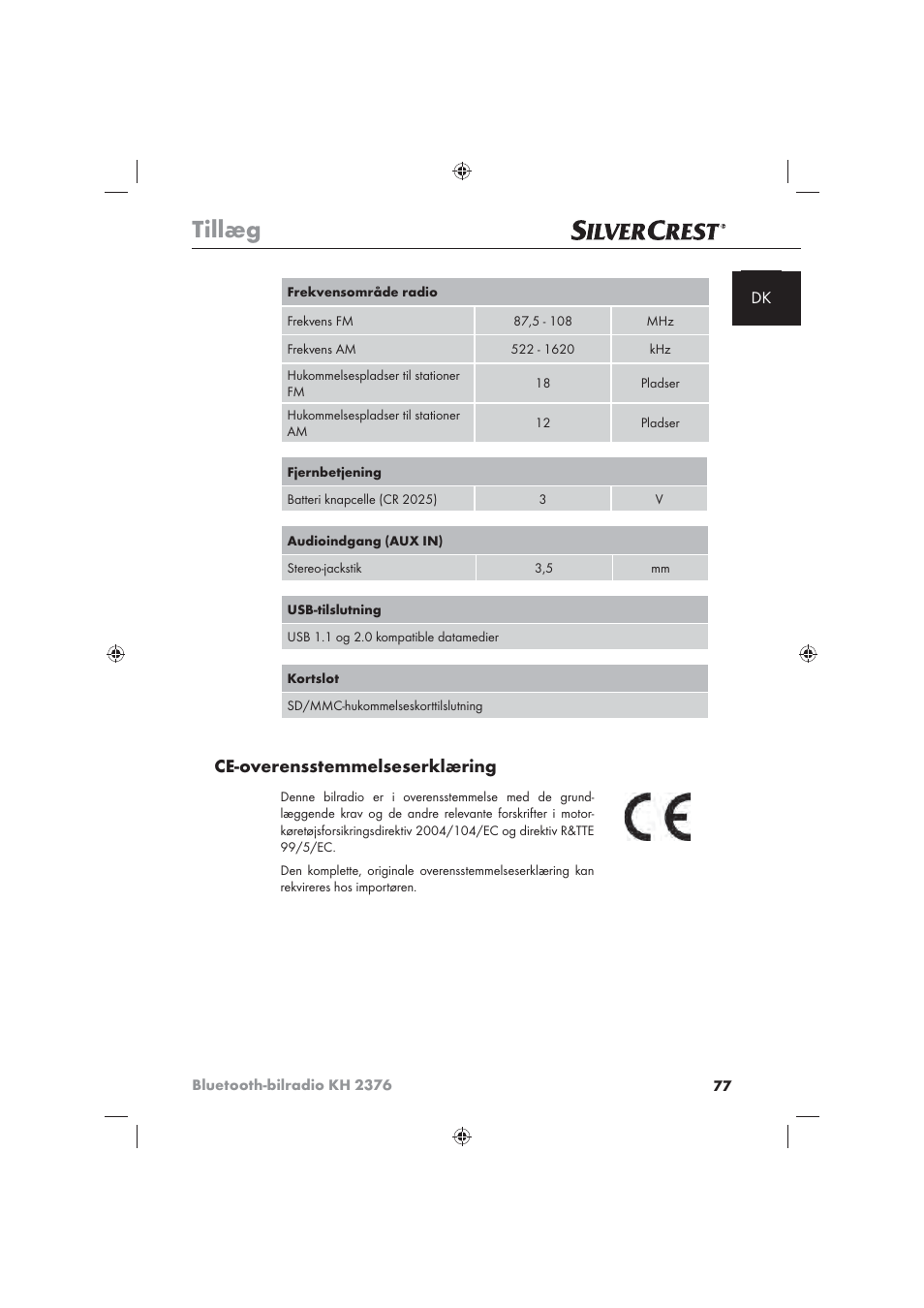 Tillæg, Ce-overensstemmelseserklæring | Silvercrest KH2376 User Manual | Page 75 / 78