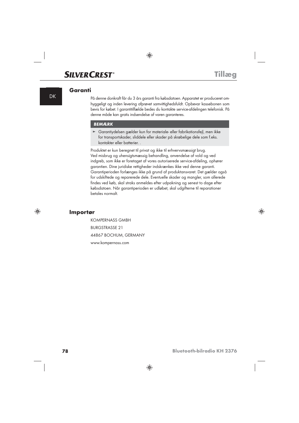 Tillæg, Garanti, Importør | Silvercrest KH2376 User Manual | Page 76 / 78