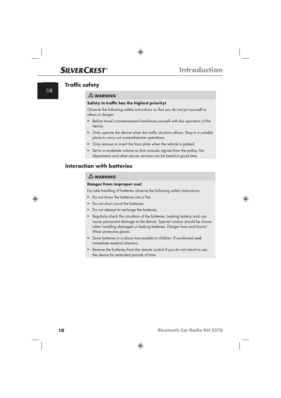 Introduction, Traﬃ c safety, Interaction with batteries | Silvercrest KH2376 User Manual | Page 8 / 78