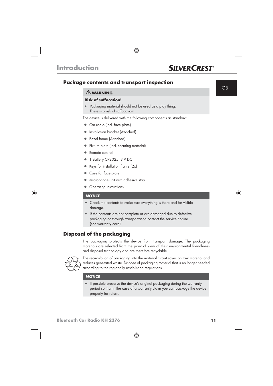 Introduction, Package contents and transport inspection, Disposal of the packaging | Silvercrest KH2376 User Manual | Page 9 / 78