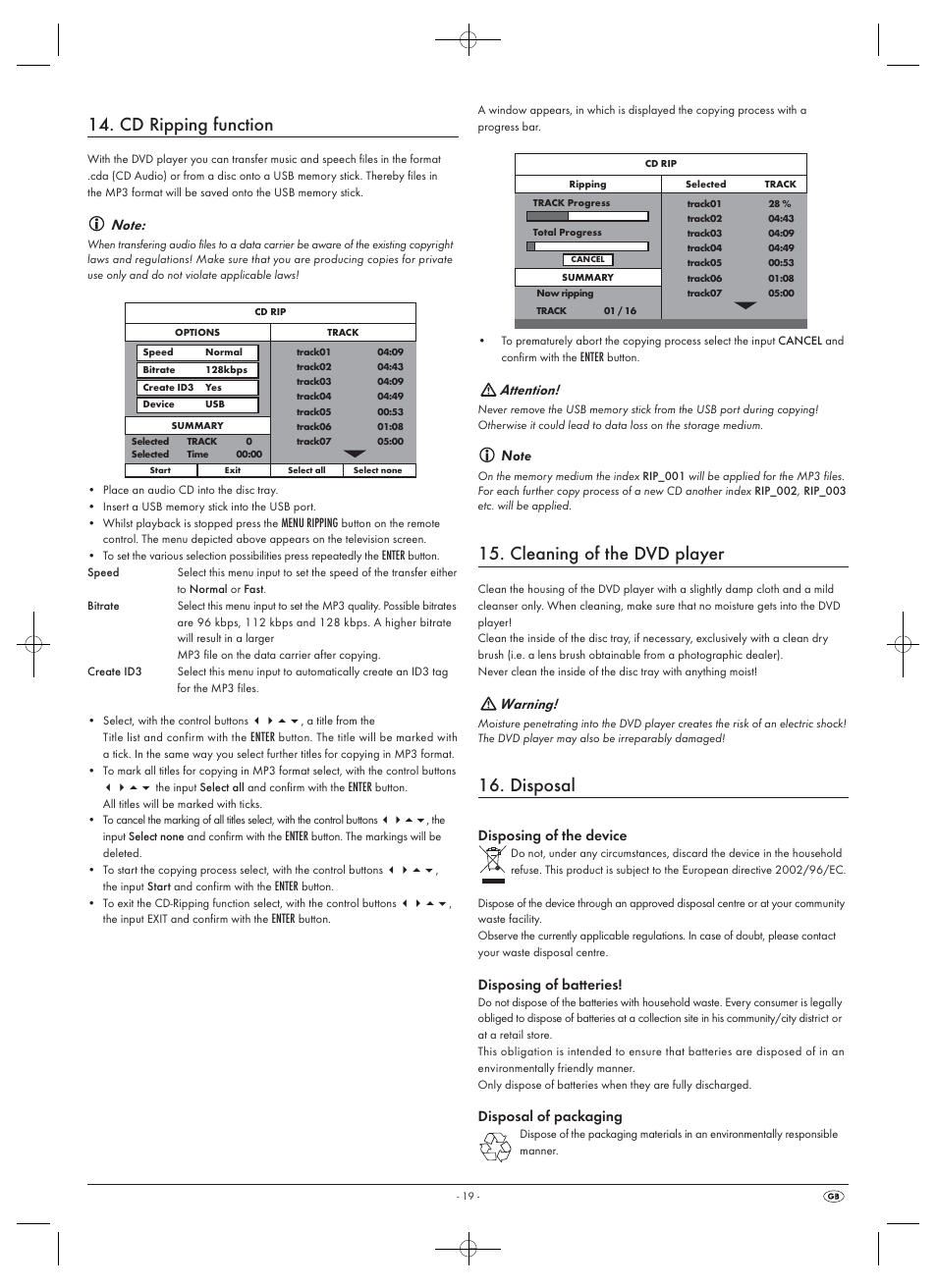 Cd ripping function, Cleaning of the dvd player, Disposal | Attention, Warning, Disposing of the device, Disposing of batteries, Disposal of packaging | Silvercrest SHDP 5.1 A1 User Manual | Page 21 / 26