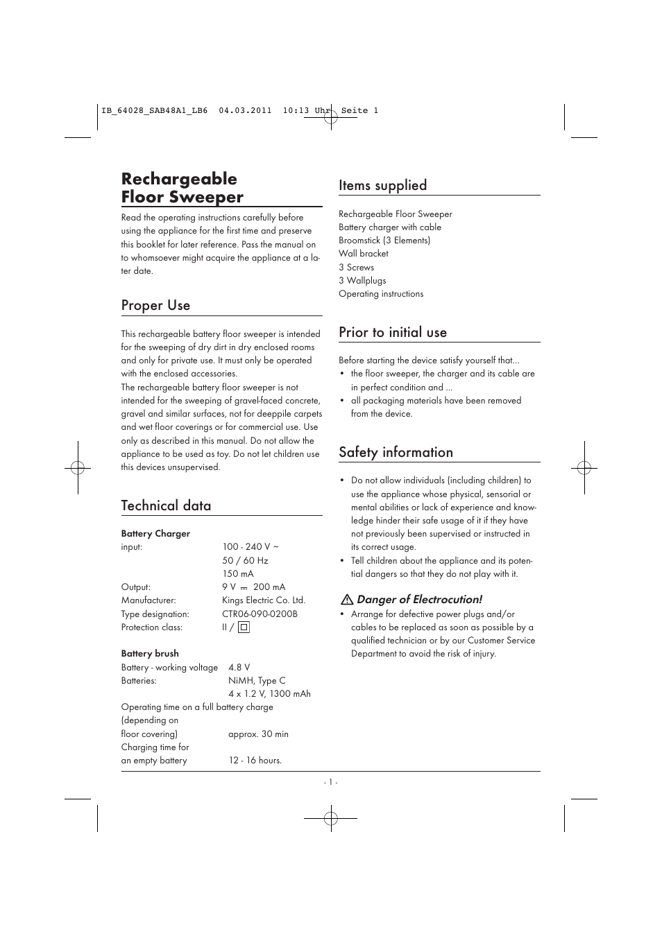 Rechargeable floor sweeper, Proper use, Technical data | Items supplied, Prior to initial use, Safety information | Silvercrest SAB 4.8 A1 User Manual | Page 3 / 6