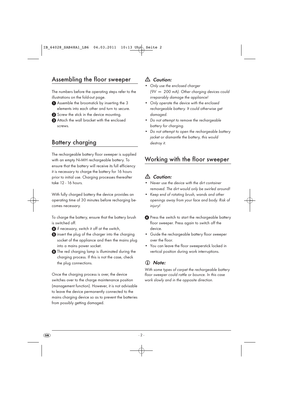 Assembling the floor sweeper, Battery charging, Working with the floor sweeper | Silvercrest SAB 4.8 A1 User Manual | Page 4 / 6