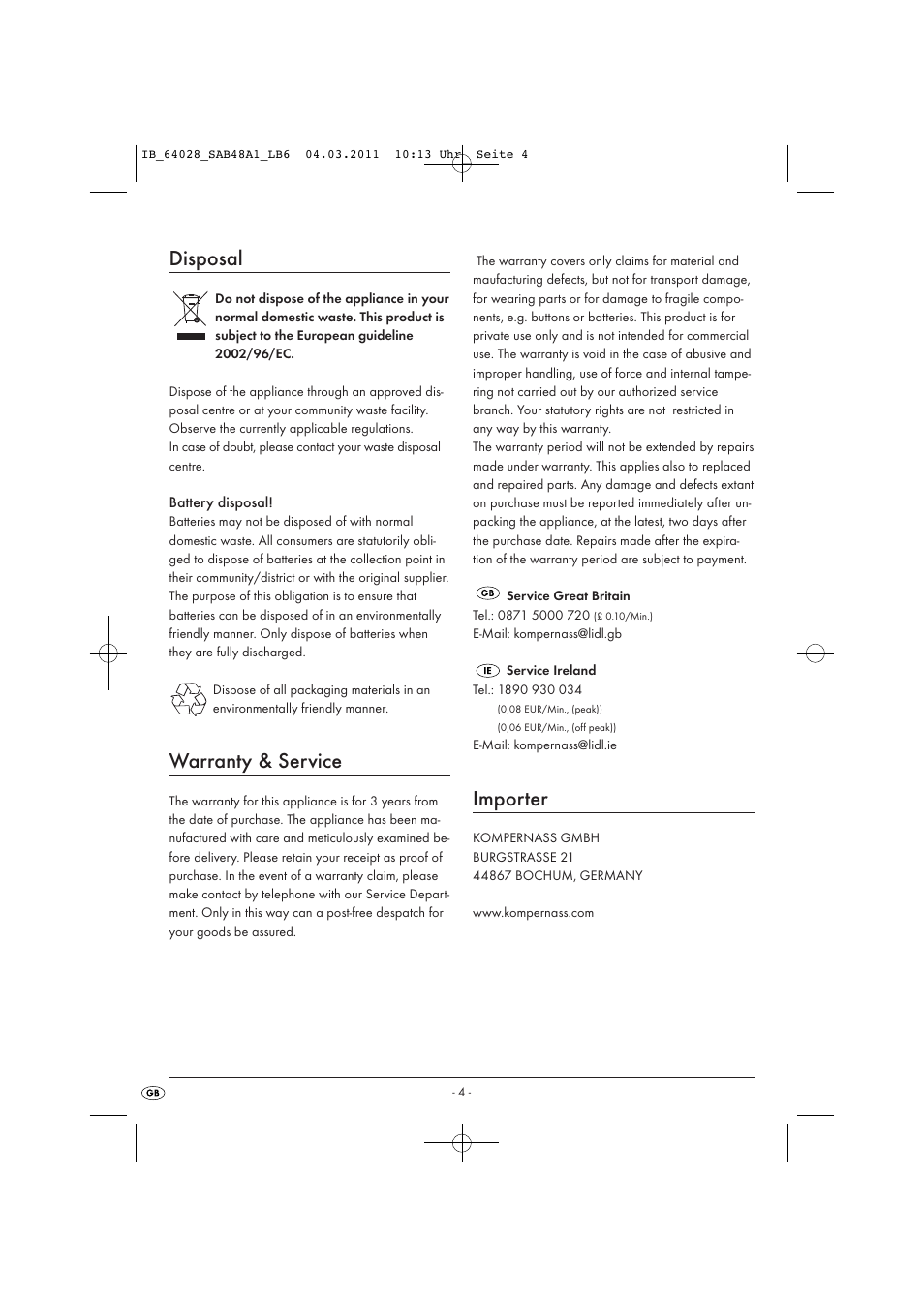 Disposal, Warranty & service, Importer | Silvercrest SAB 4.8 A1 User Manual | Page 6 / 6