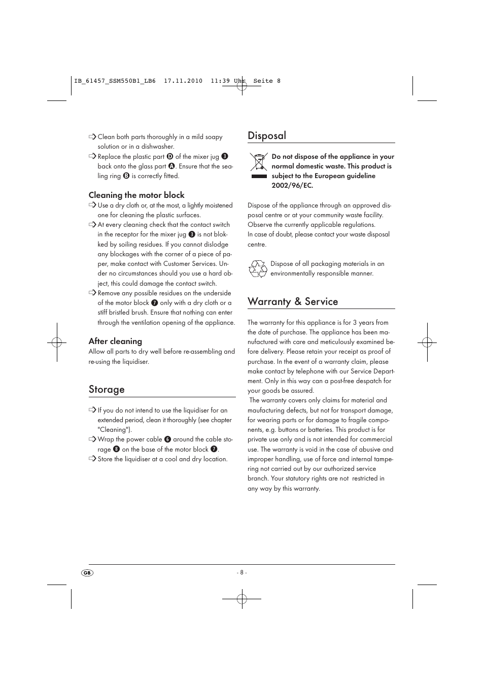 Storage, Disposal, Warranty & service | Silvercrest SSM 550 B1 User Manual | Page 10 / 12