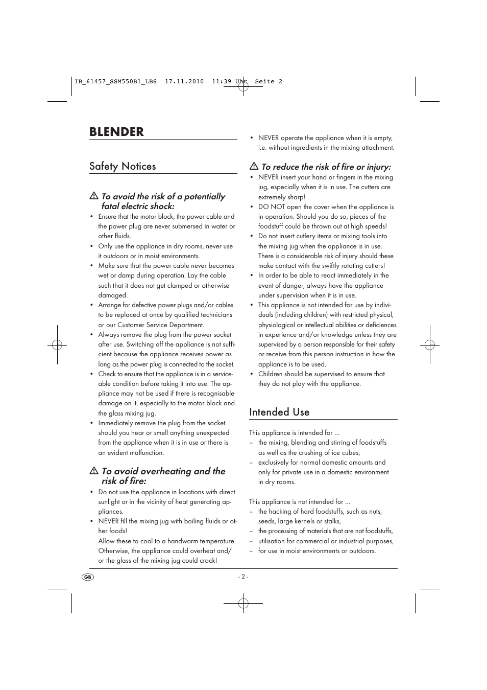 Blender, Safety notices, Intended use | Ƽ to avoid overheating and the risk of fire | Silvercrest SSM 550 B1 User Manual | Page 4 / 12