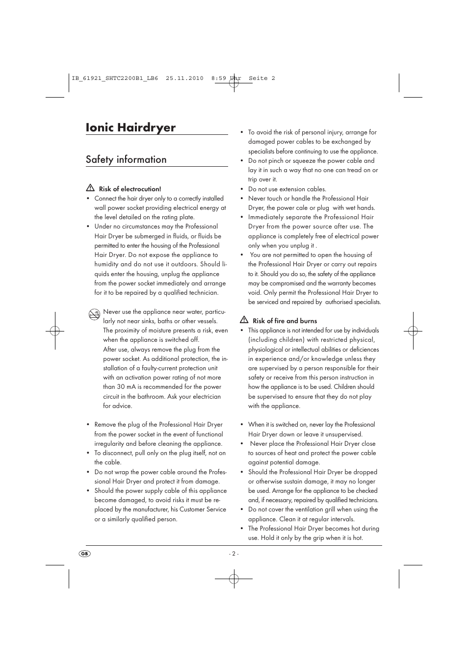 Ionic hairdryer, Safety information | Silvercrest SHTC 2200 B1 User Manual | Page 4 / 8