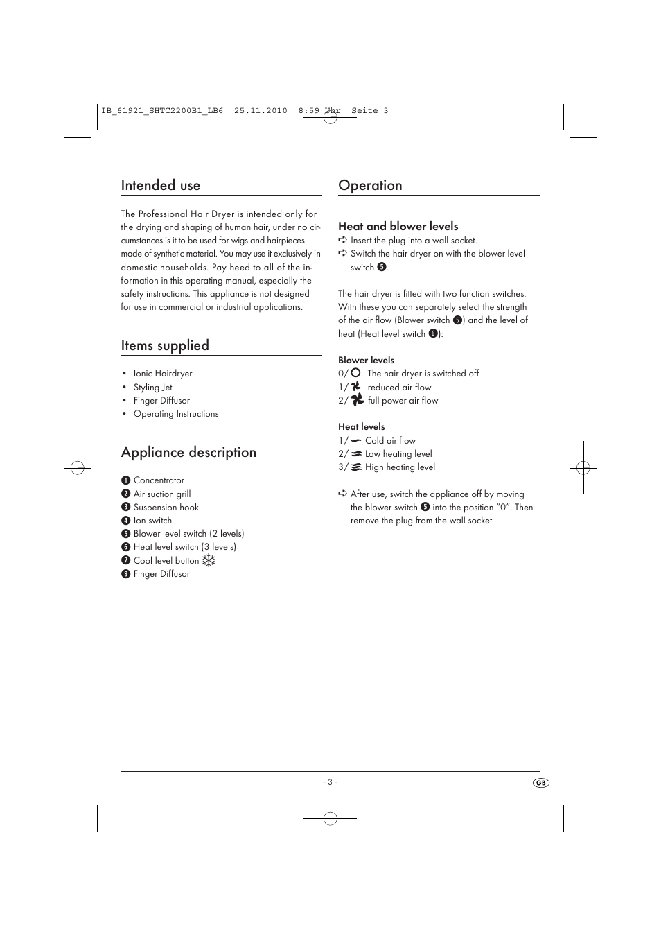 Intended use, Items supplied, Appliance description | Operation | Silvercrest SHTC 2200 B1 User Manual | Page 5 / 8