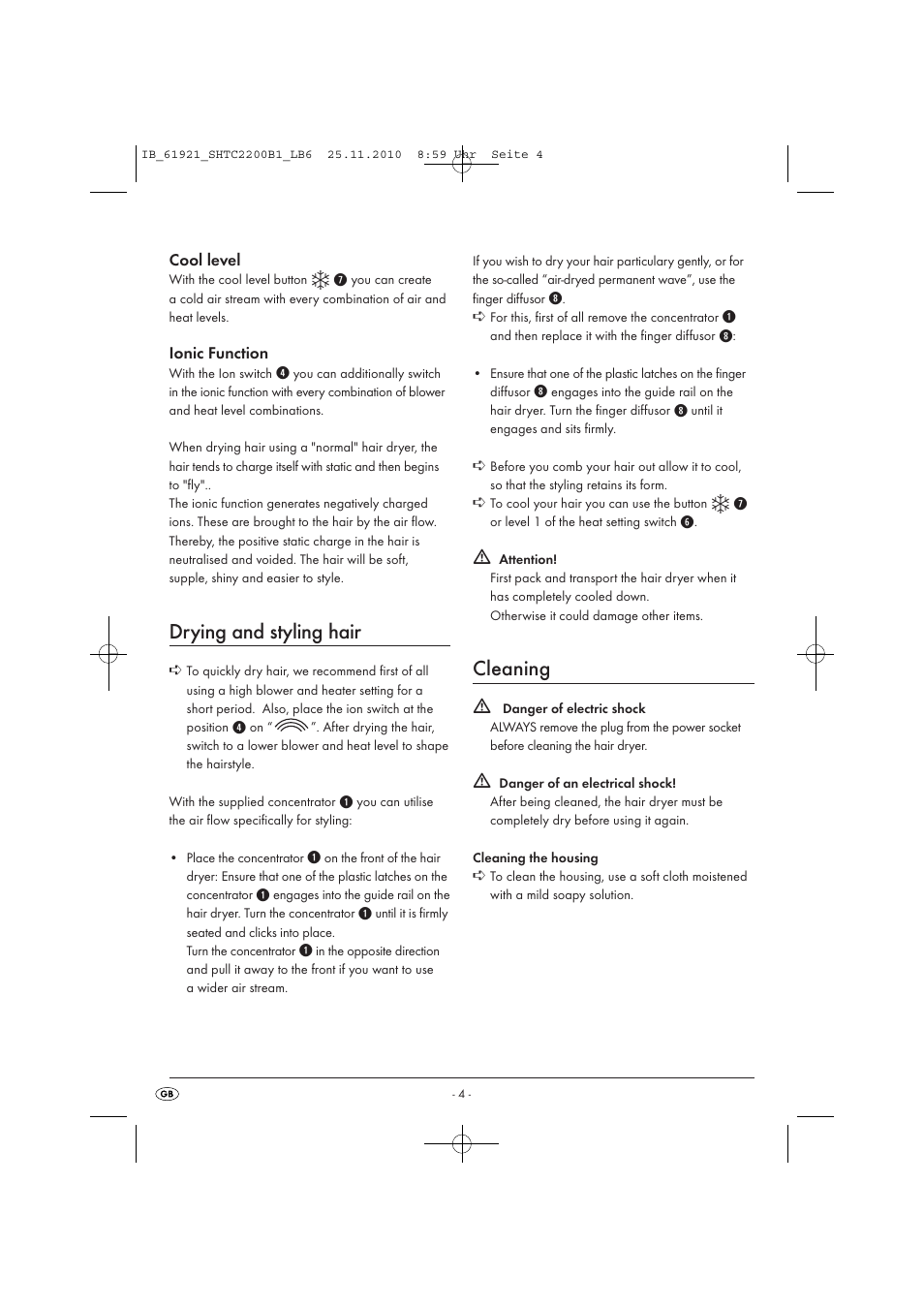 Drying and styling hair, Cleaning | Silvercrest SHTC 2200 B1 User Manual | Page 6 / 8