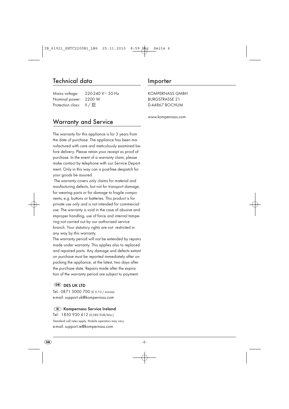 Technical data, Warranty and service, Importer | Silvercrest SHTC 2200 B1 User Manual | Page 8 / 8