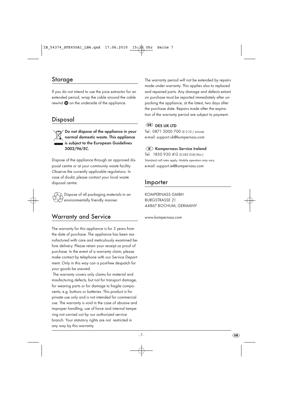 Storage, Disposal, Warranty and service | Importer | Silvercrest SFE450A1-05/10-V2 User Manual | Page 9 / 10