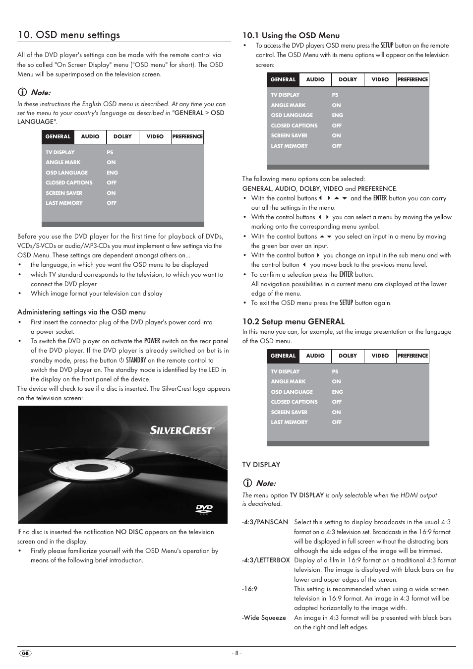 Osd menu settings, 1 using the osd menu, 2 setup menu general | Silvercrest KH 6525 User Manual | Page 10 / 50