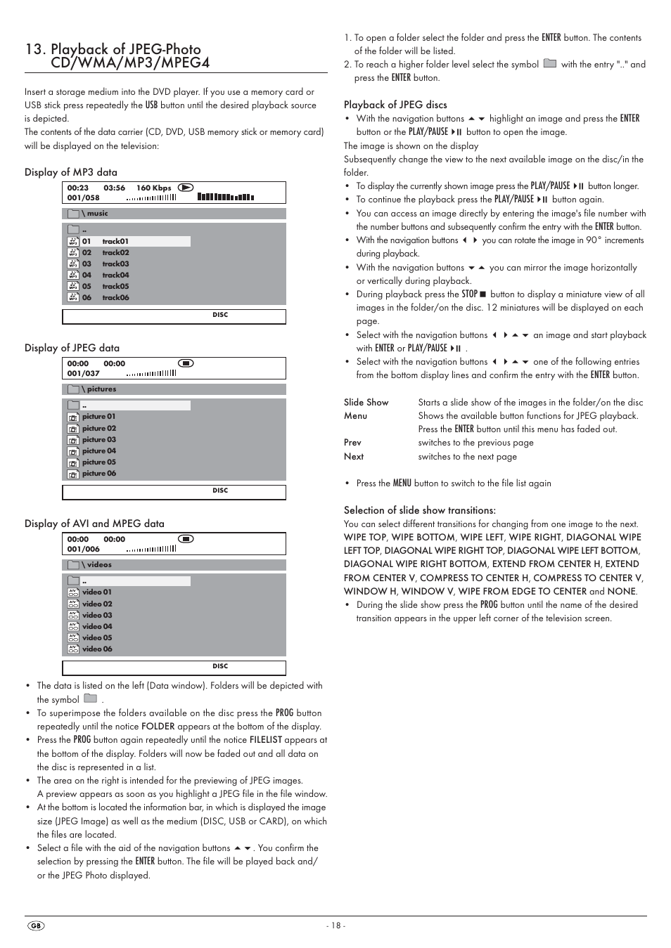 Playback of jpeg-photo cd/wma/mp3/mpeg4 | Silvercrest KH 6525 User Manual | Page 20 / 50