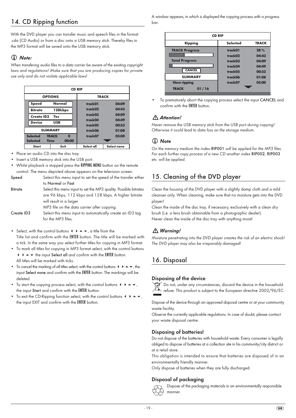 Cd ripping function, Cleaning of the dvd player, Disposal | Attention, Warning, Disposing of the device, Disposing of batteries, Disposal of packaging | Silvercrest KH 6525 User Manual | Page 21 / 50