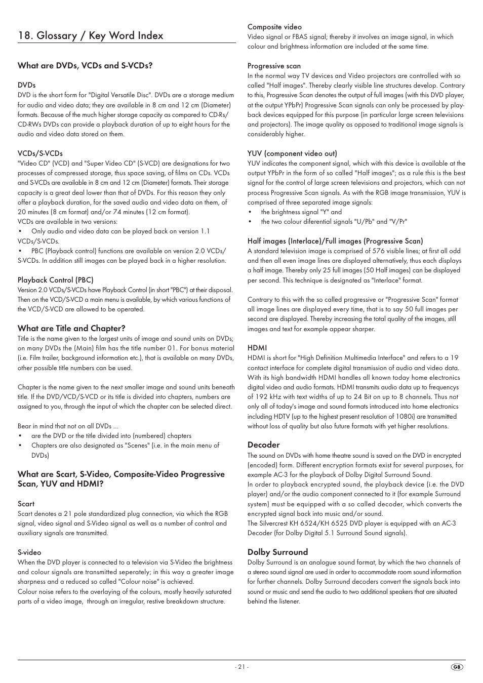 Glossary / key word index | Silvercrest KH 6525 User Manual | Page 23 / 50