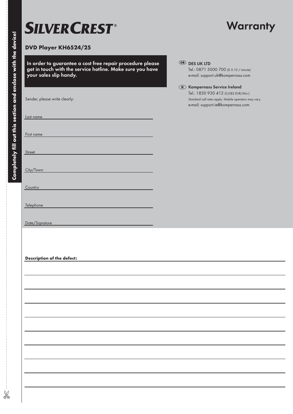 Warranty | Silvercrest KH 6525 User Manual | Page 25 / 50