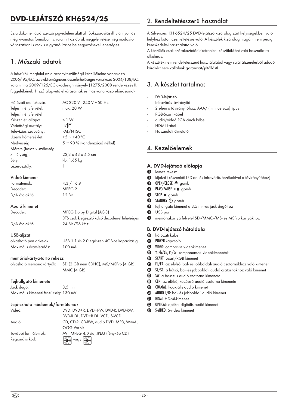 Műszaki adatok, Rendeltetésszerű használat, A készlet tartalma | Kezelőelemek | Silvercrest KH 6525 User Manual | Page 28 / 50