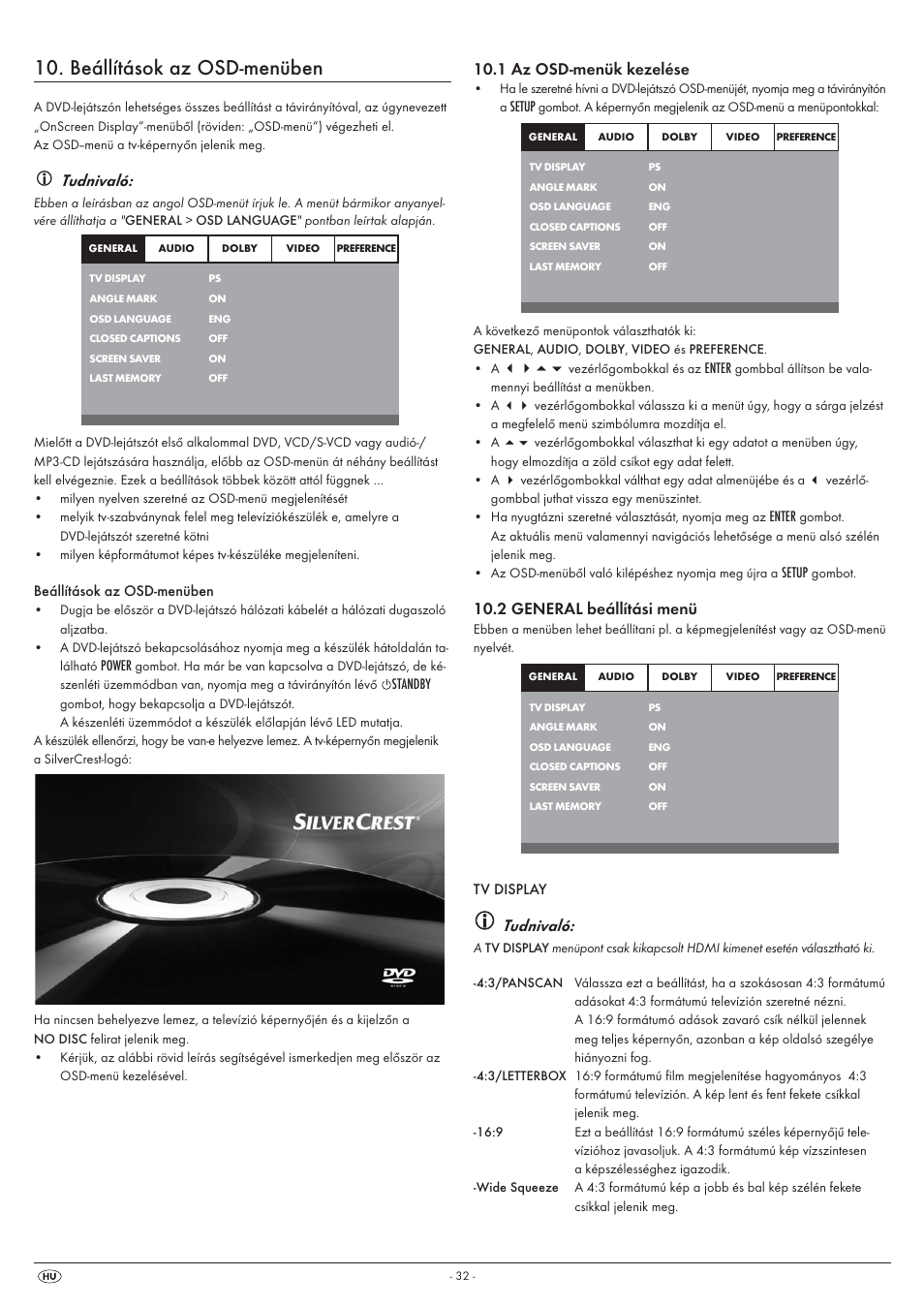 Beállítások az osd-menüben, Tudnivaló, 1 az osd-menük kezelése | 2 general beállítási menü | Silvercrest KH 6525 User Manual | Page 34 / 50