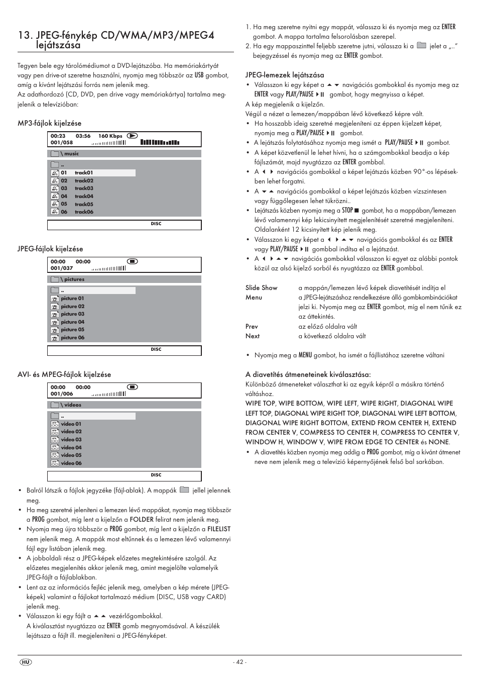 Jpeg-fénykép cd/wma/mp3/mpeg4 lejátszása | Silvercrest KH 6525 User Manual | Page 44 / 50
