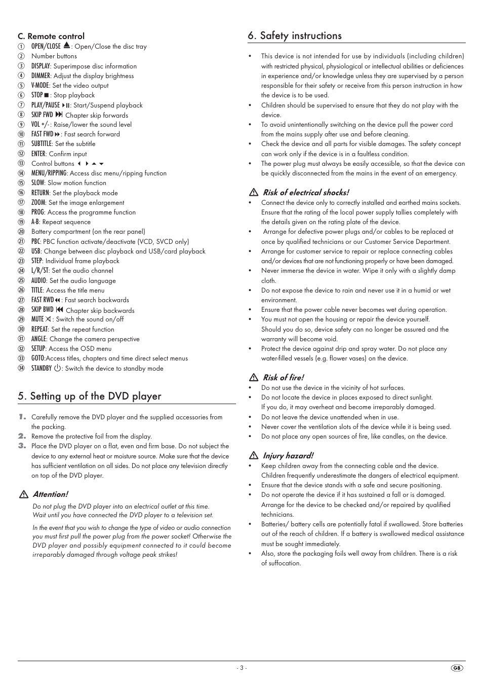 Setting up of the dvd player, Safety instructions | Silvercrest KH 6525 User Manual | Page 5 / 50