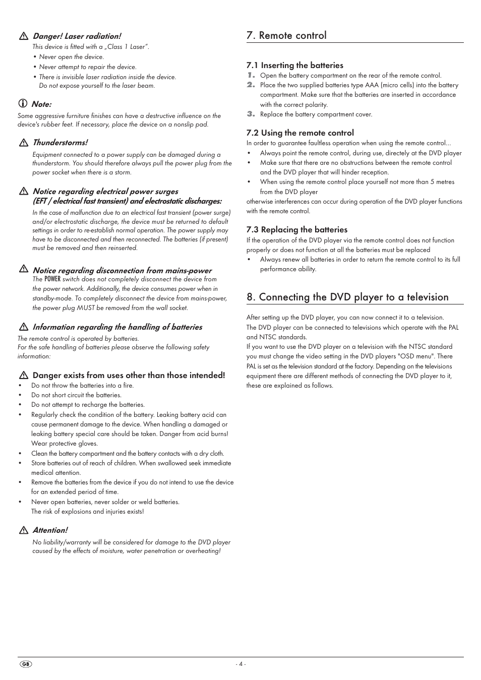 Remote control, Connecting the dvd player to a television | Silvercrest KH 6525 User Manual | Page 6 / 50