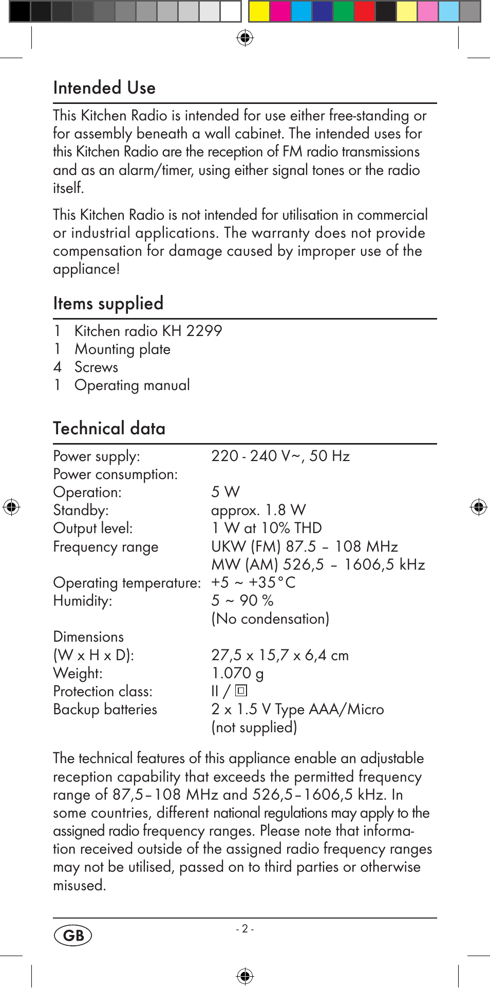 Intended use, Items supplied, Technical data | Silvercrest KH 2299 User Manual | Page 4 / 22