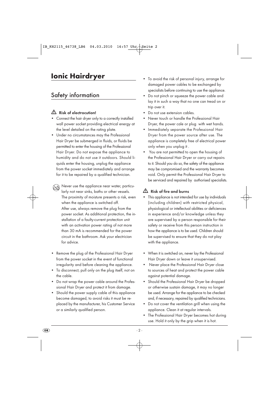 Ionic hairdryer, Safety information | Silvercrest KH 2115 User Manual | Page 4 / 8