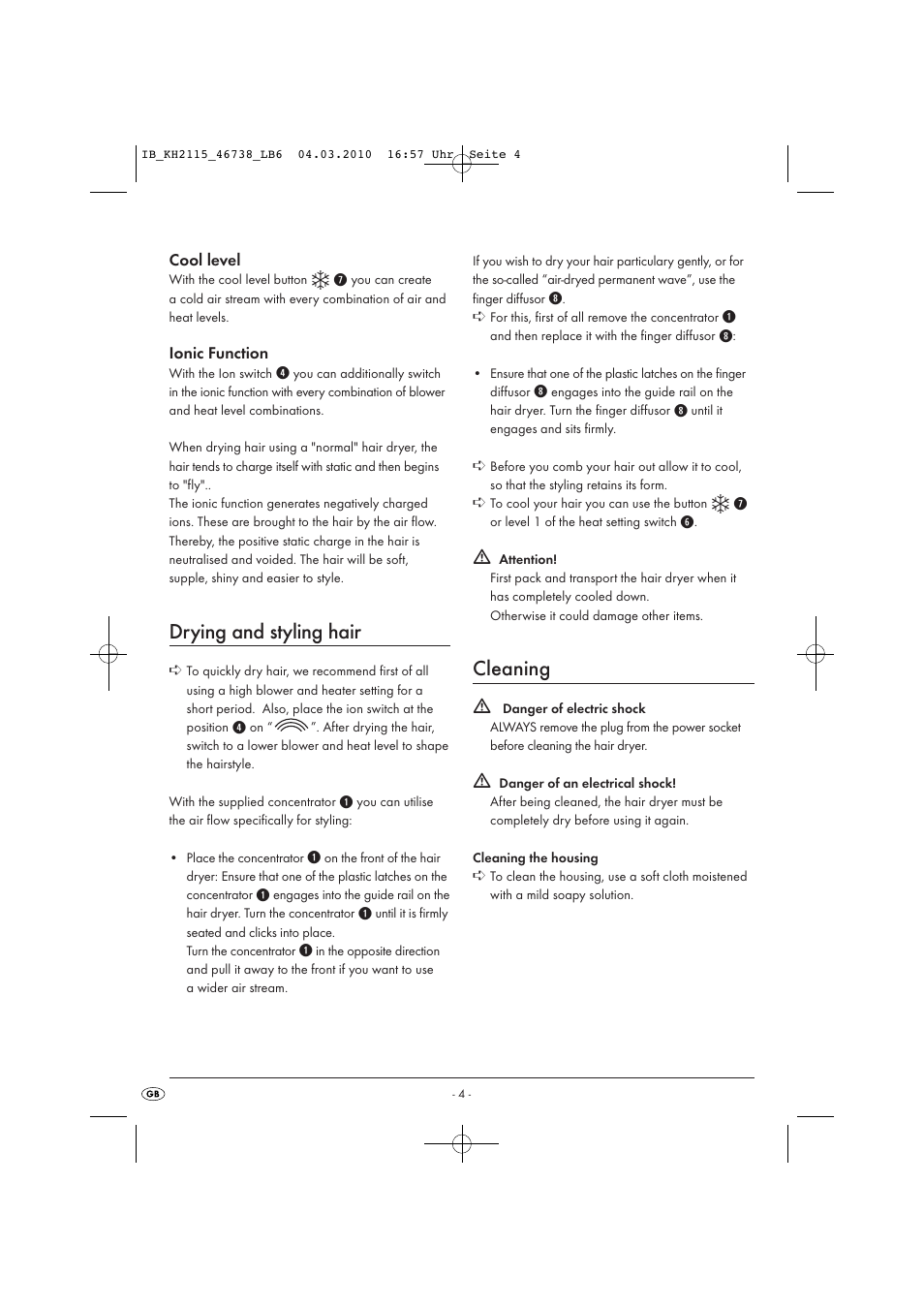Drying and styling hair, Cleaning | Silvercrest KH 2115 User Manual | Page 6 / 8