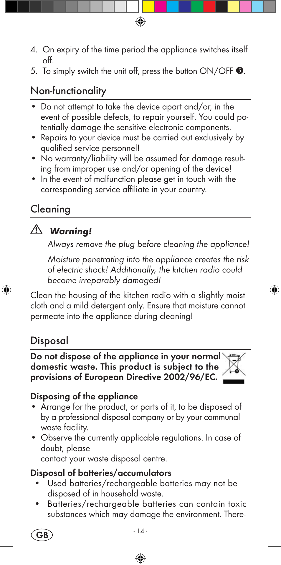 Non-functionality, Cleaning, Disposal | Silvercrest KH 2396 User Manual | Page 16 / 18