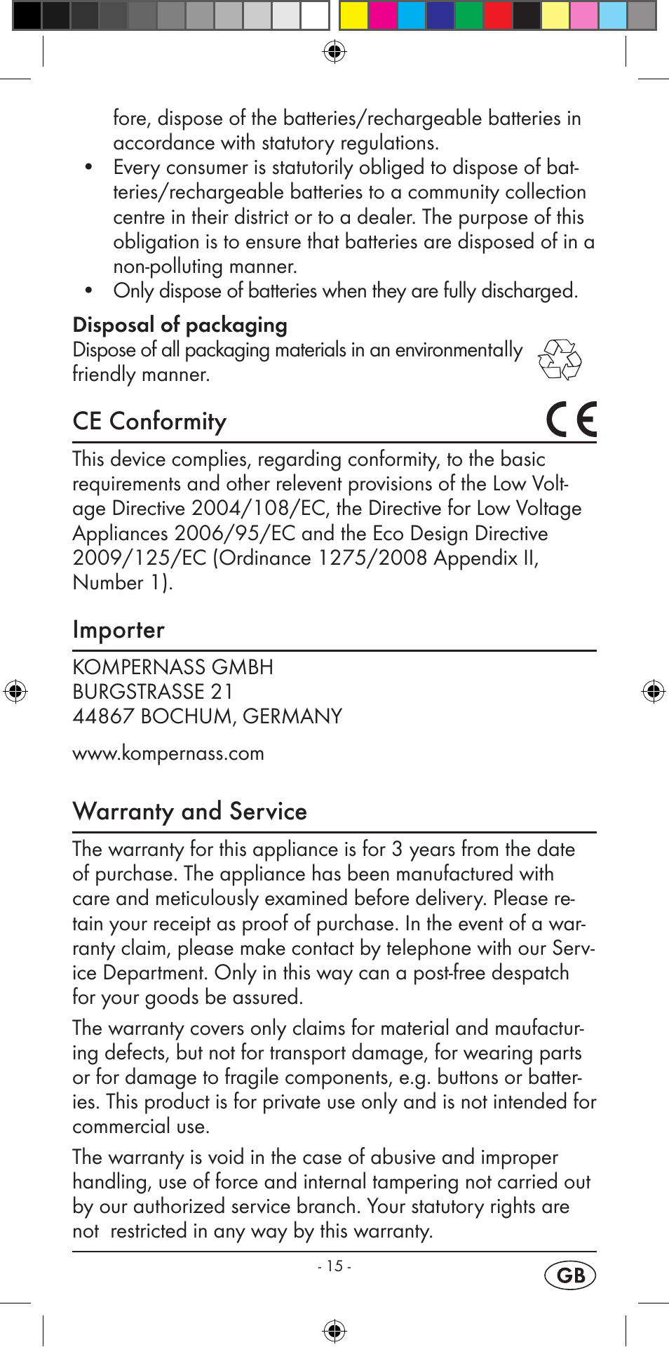 Ce conformity, Importer, Warranty and service | Silvercrest KH 2396 User Manual | Page 17 / 18