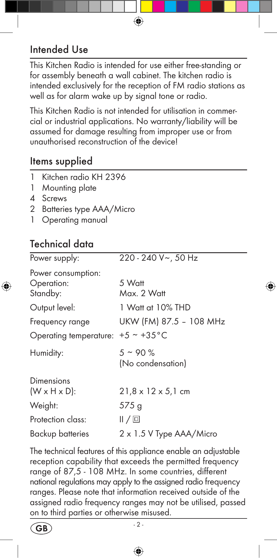 Intended use, Items supplied, Technical data | Silvercrest KH 2396 User Manual | Page 4 / 18