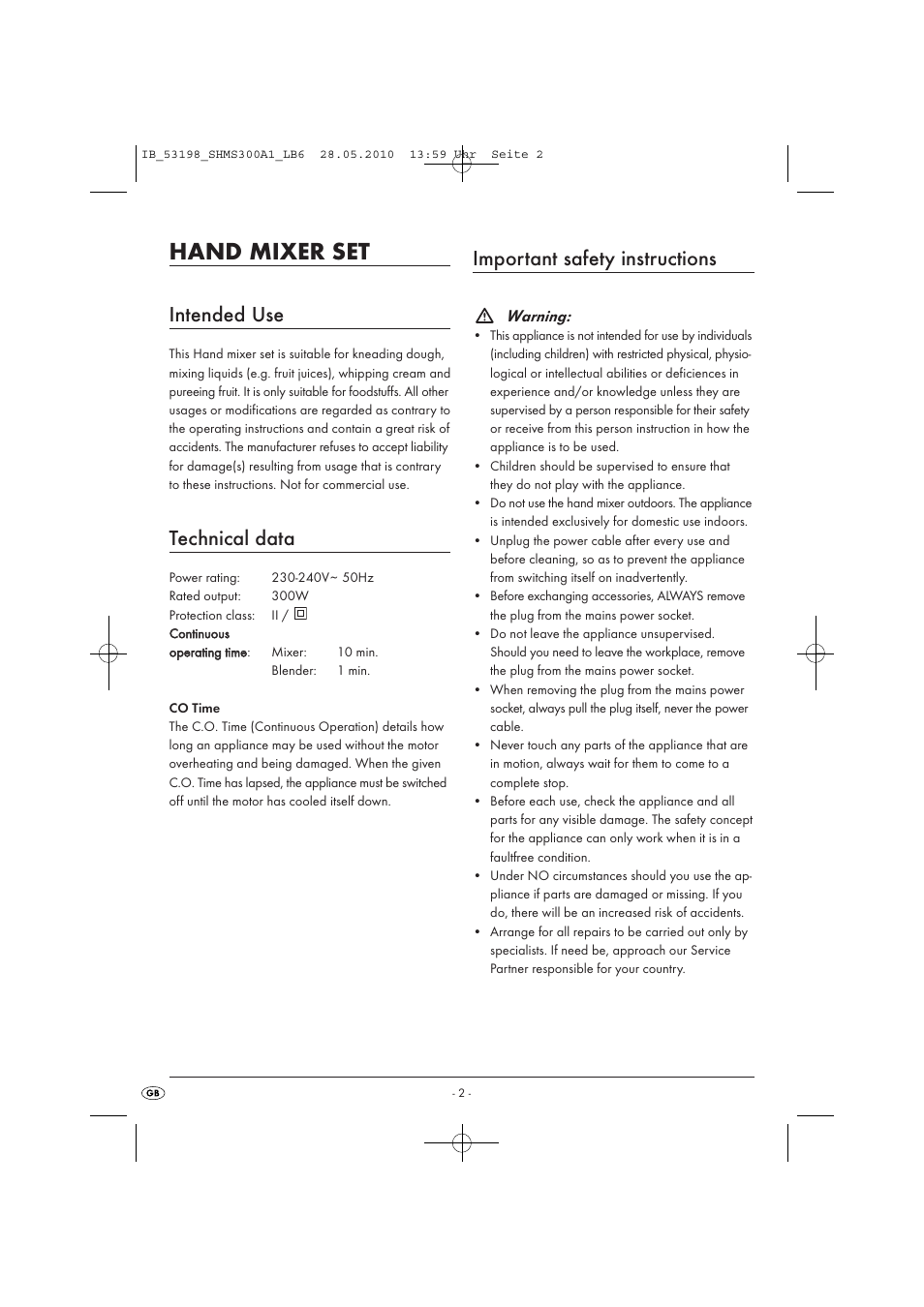 Hand mixer set, Intended use, Technical data | Important safety instructions | Silvercrest SHMS 300 A1 User Manual | Page 4 / 9