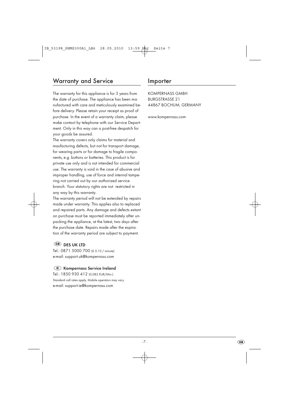 Warranty and service, Importer | Silvercrest SHMS 300 A1 User Manual | Page 9 / 9