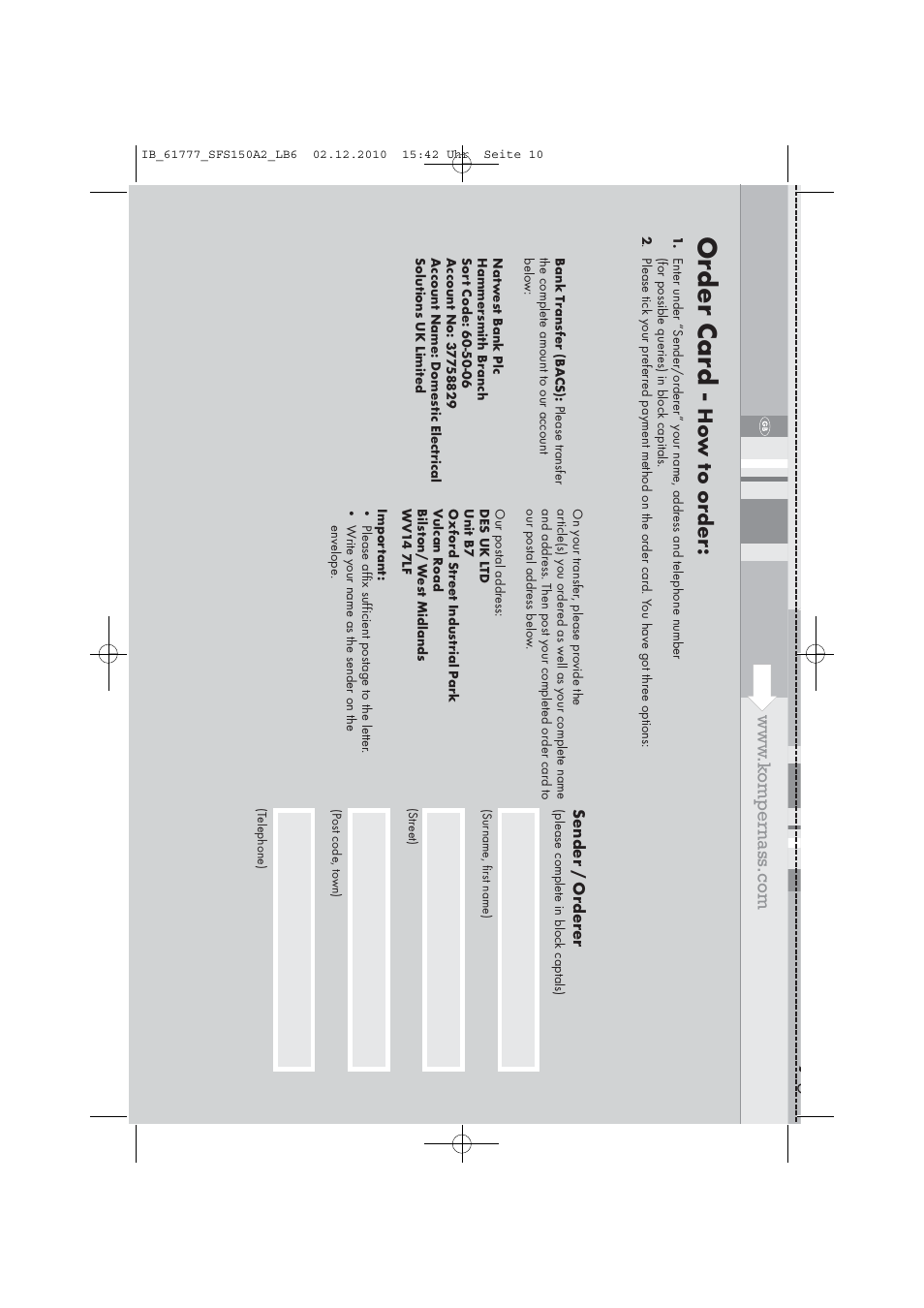 Or der car d | Silvercrest SFS 150 A2 User Manual | Page 12 / 14