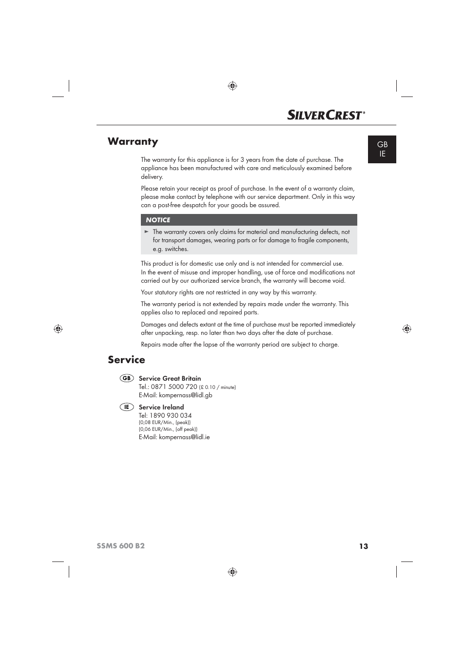 Warranty, Service | Silvercrest 600 B26 User Manual | Page 15 / 19