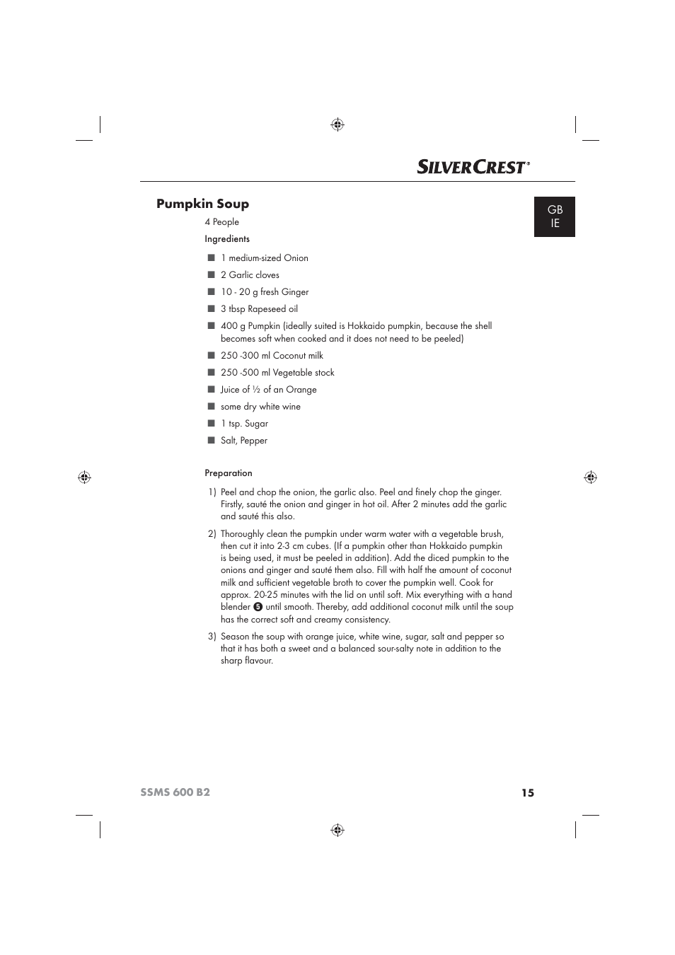 Pumpkin soup | Silvercrest 600 B26 User Manual | Page 17 / 19