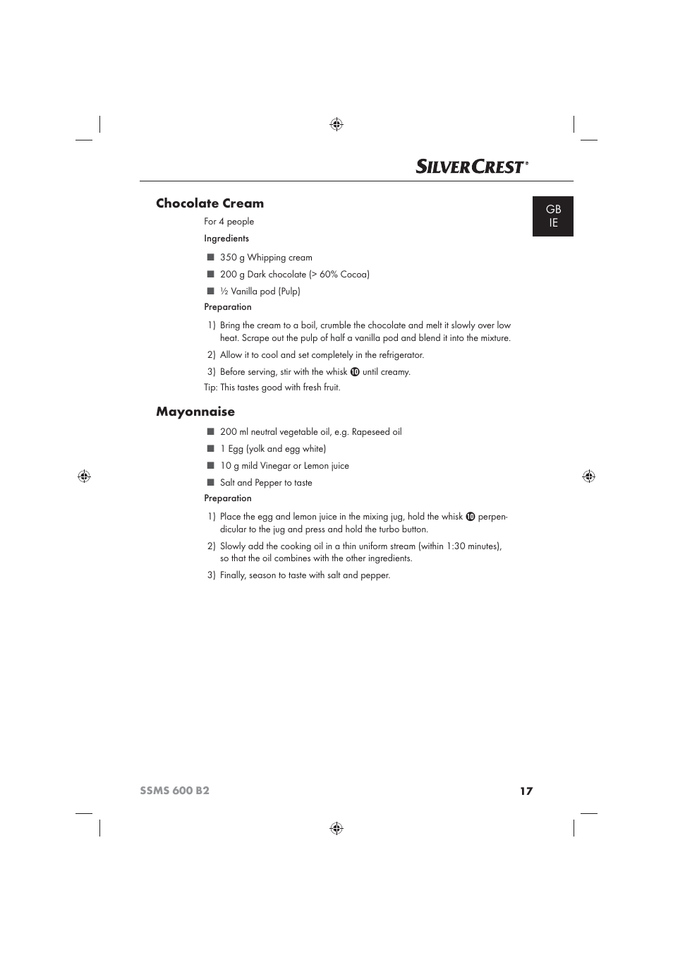 Chocolate cream, Mayonnaise | Silvercrest 600 B26 User Manual | Page 19 / 19